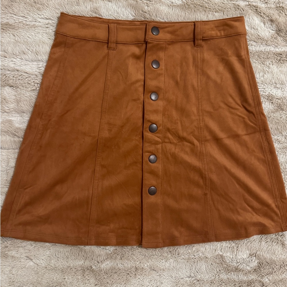 Tan Suede Button-Front A-Line Skirt